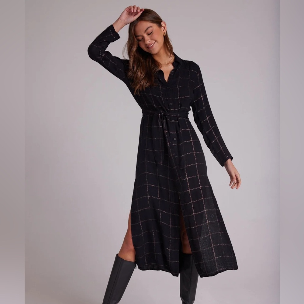 NWT BELLA DAHL Black Copper Shine Shirt Dress